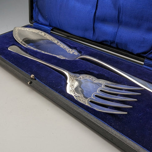 Around 1910 British antique silver plate fish server set in box Levesley Brothers